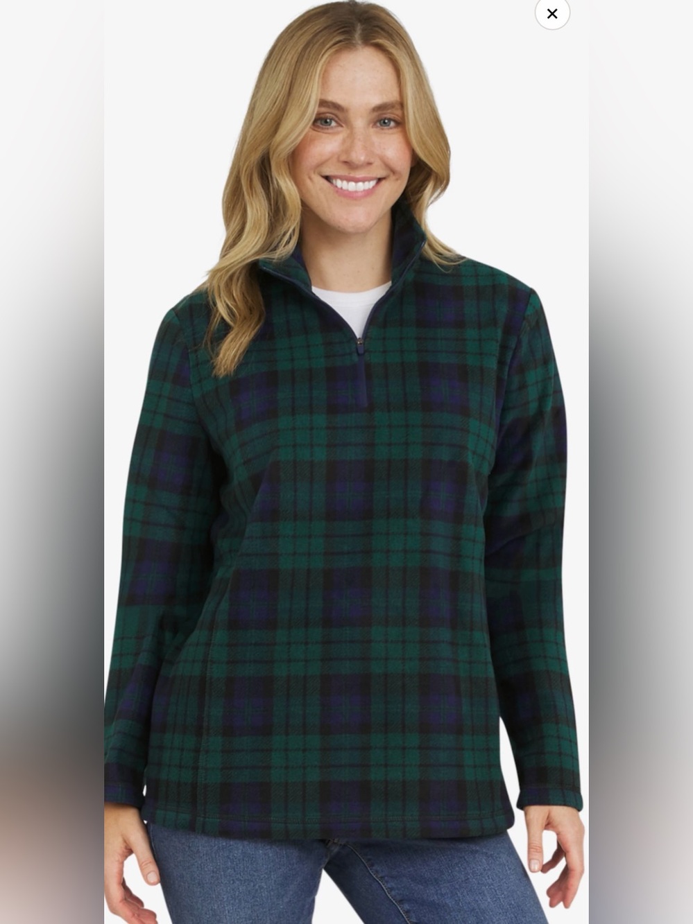 Lands' End Woman’s Green and Navy Plaid Quarter-Zip Fleece Pop Over Top.